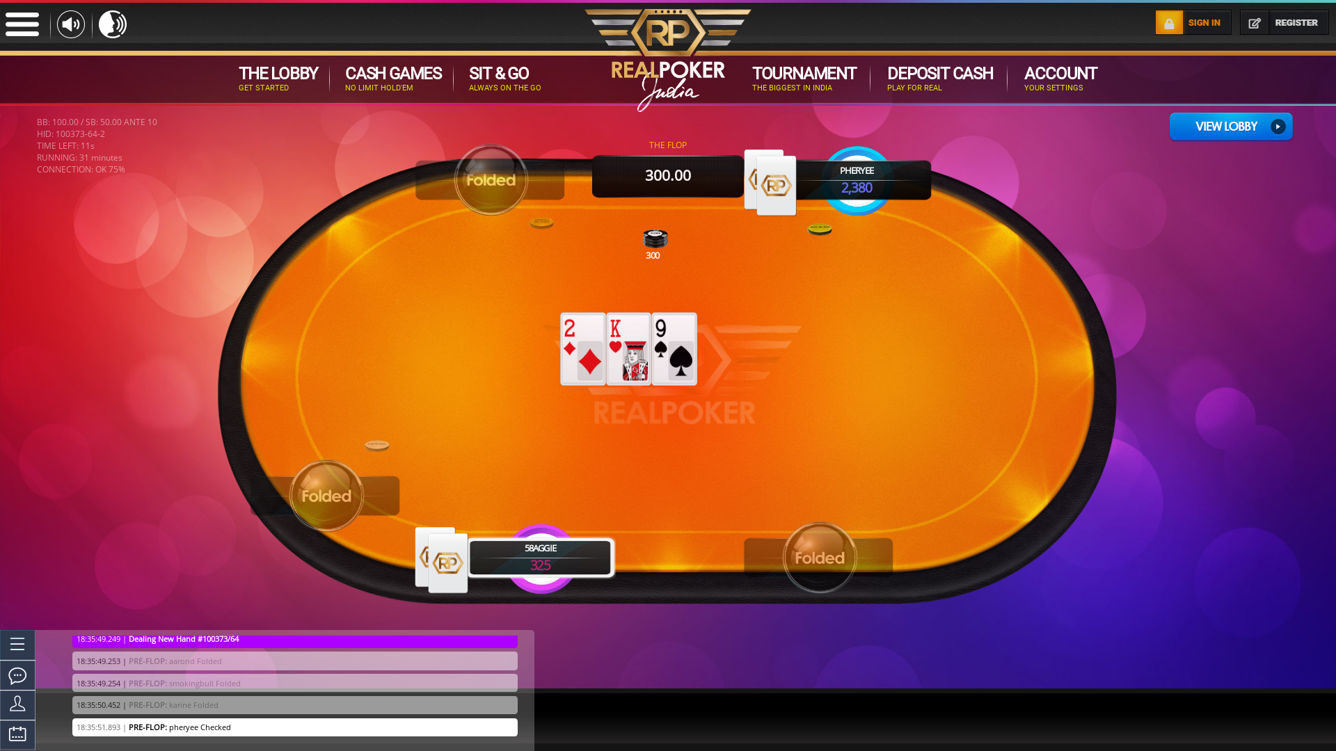 10 player texas holdem table at real poker with the table id 100373