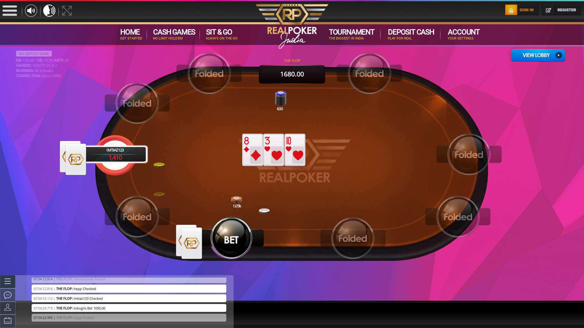 10 player texas holdem table at real poker with the table id 164377