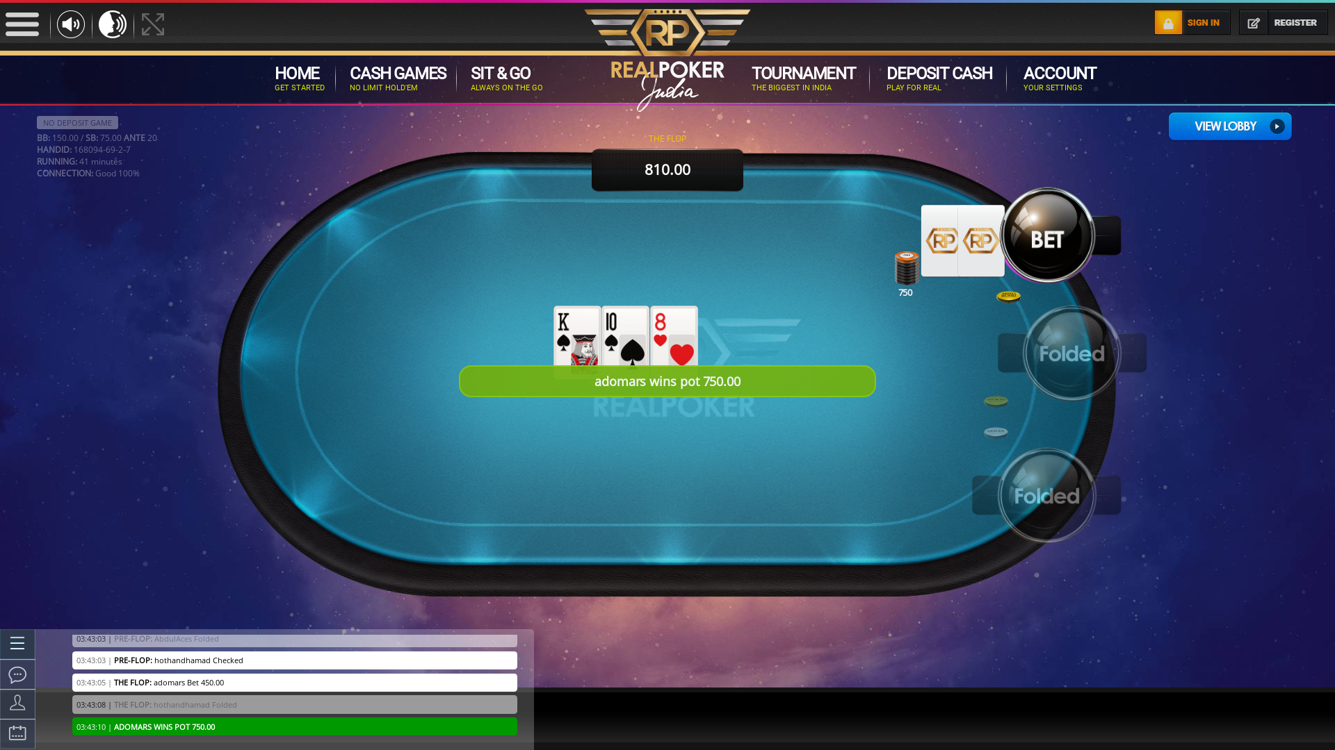 10 player texas holdem table at real poker with the table id 168094