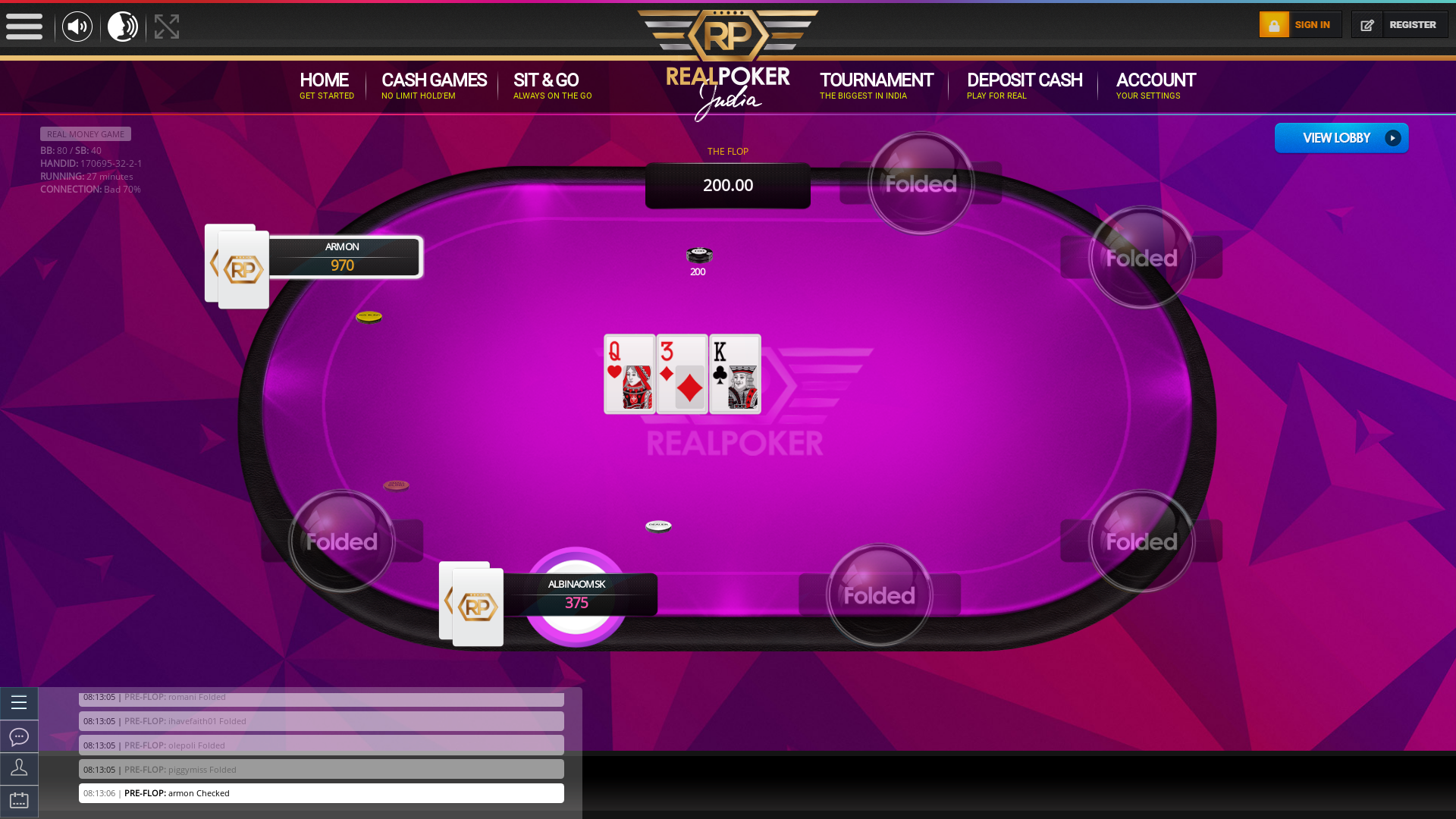 10 player texas holdem table at real poker with the table id 170695