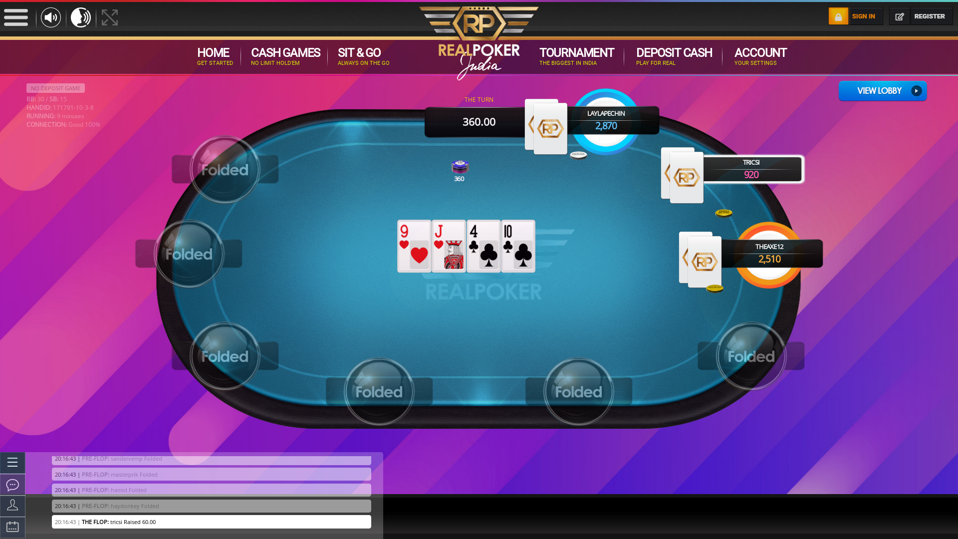 10 player texas holdem table at real poker with the table id 171791