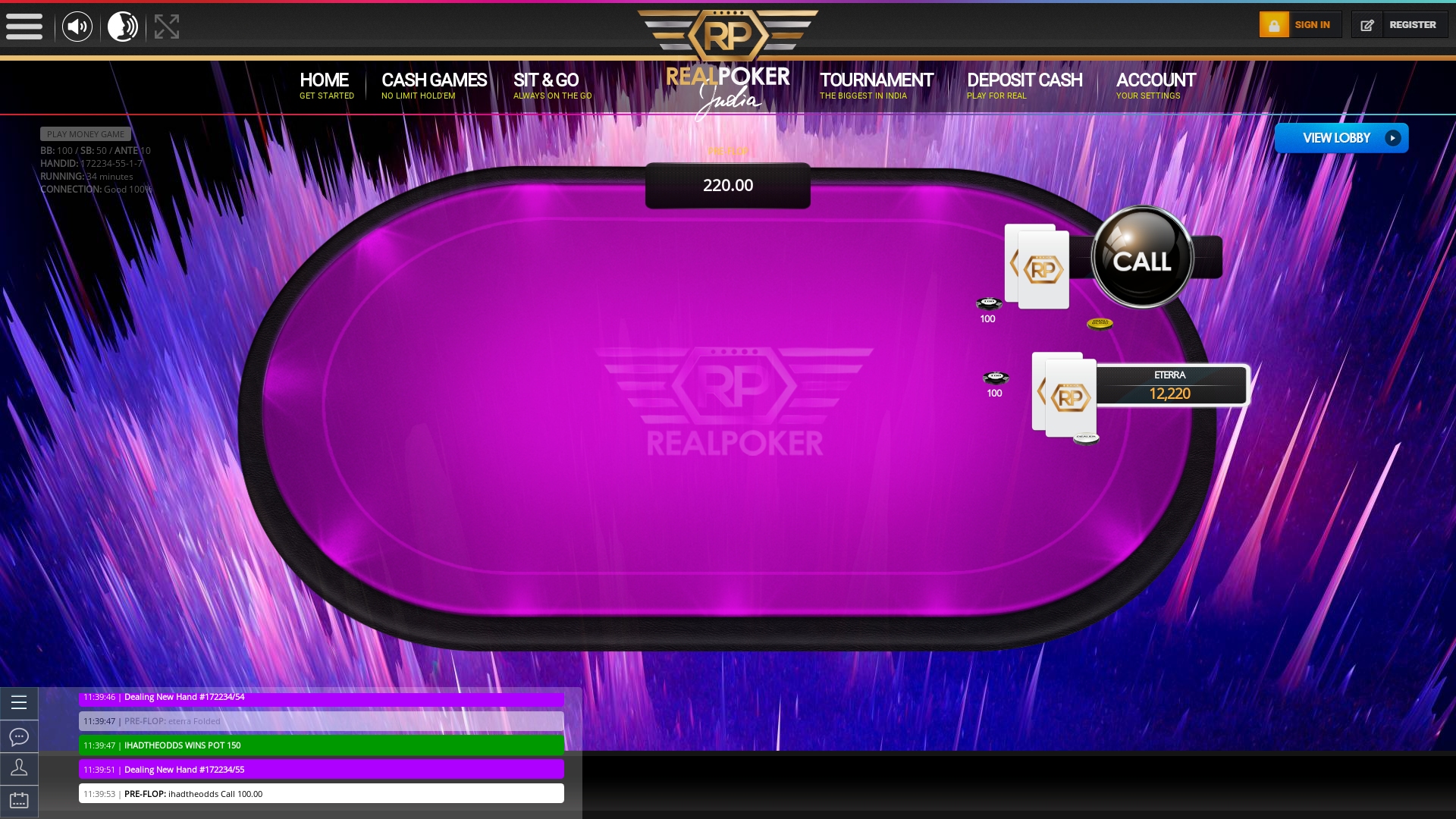 10 player texas holdem table at real poker with the table id 172234