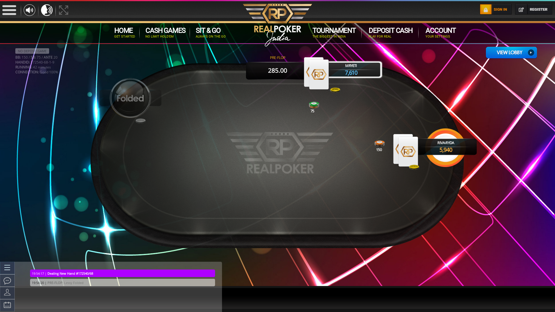 10 player texas holdem table at real poker with the table id 172540