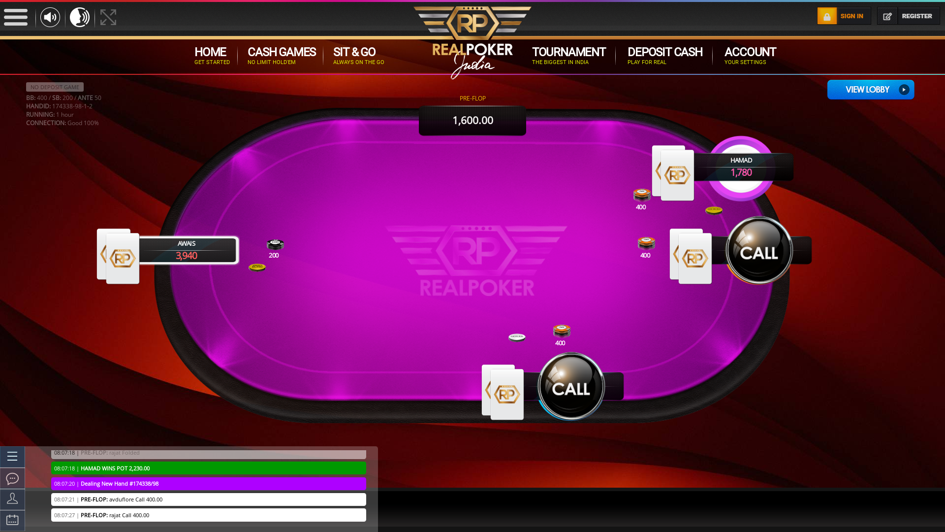 10 player texas holdem table at real poker with the table id 174338
