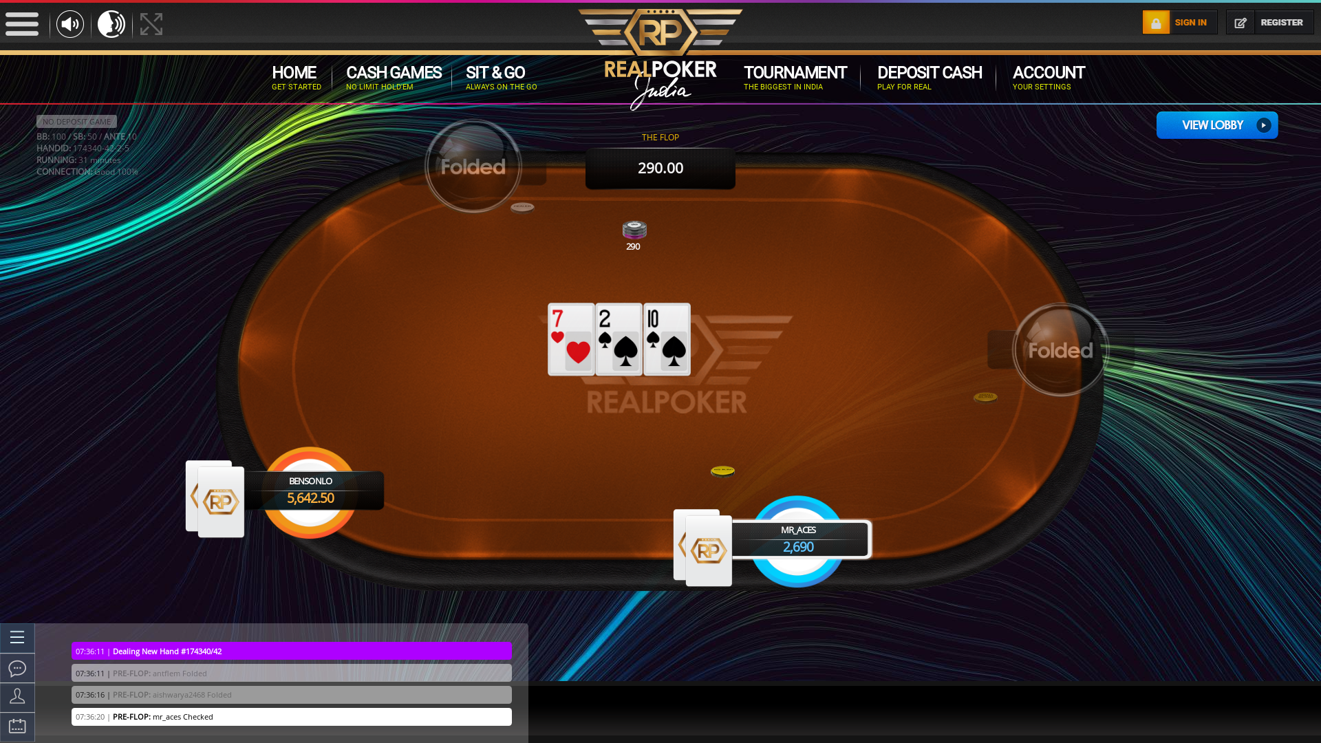 10 player texas holdem table at real poker with the table id 174340