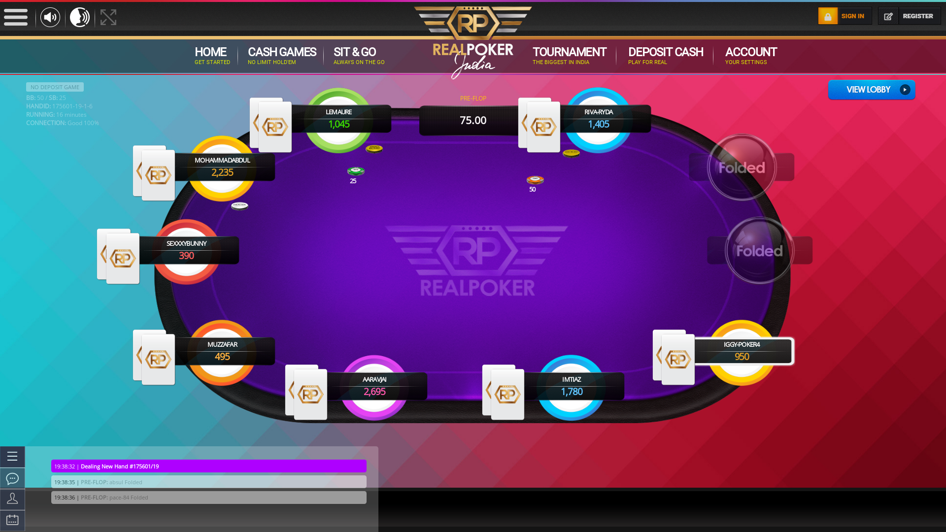 10 player texas holdem table at real poker with the table id 175601