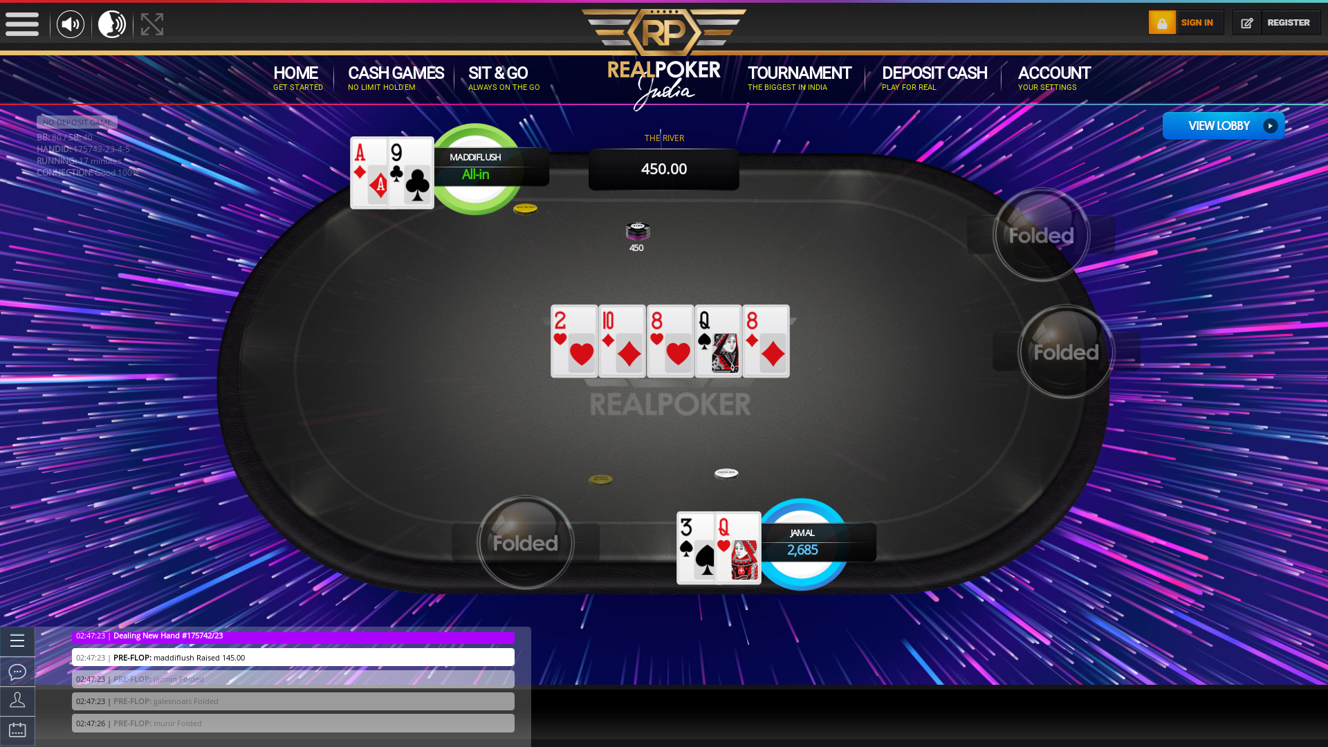 10 player texas holdem table at real poker with the table id 175742