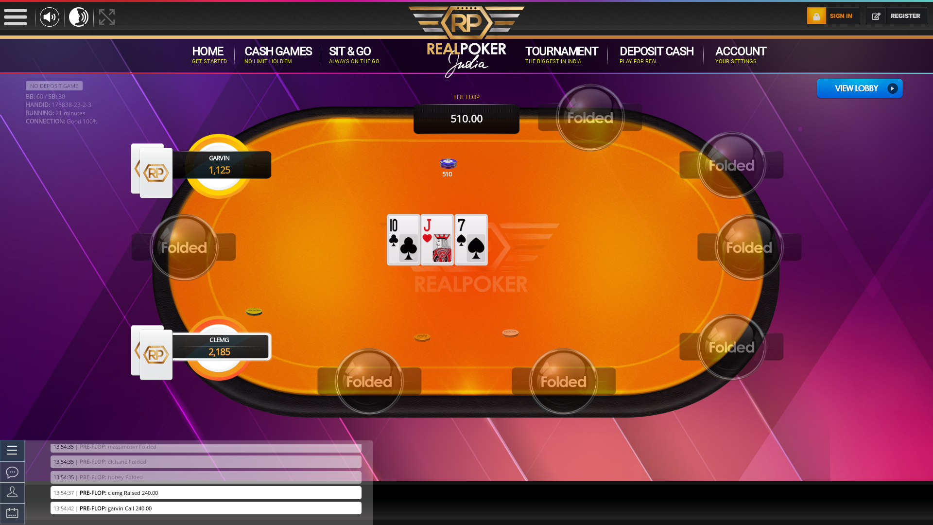 10 player texas holdem table at real poker with the table id 176838