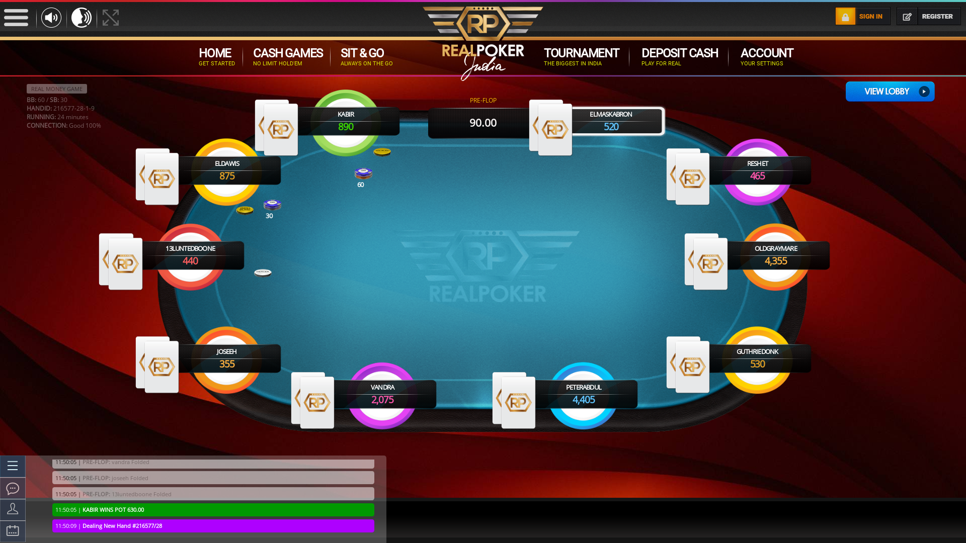 10 player texas holdem table at real poker with the table id 216577