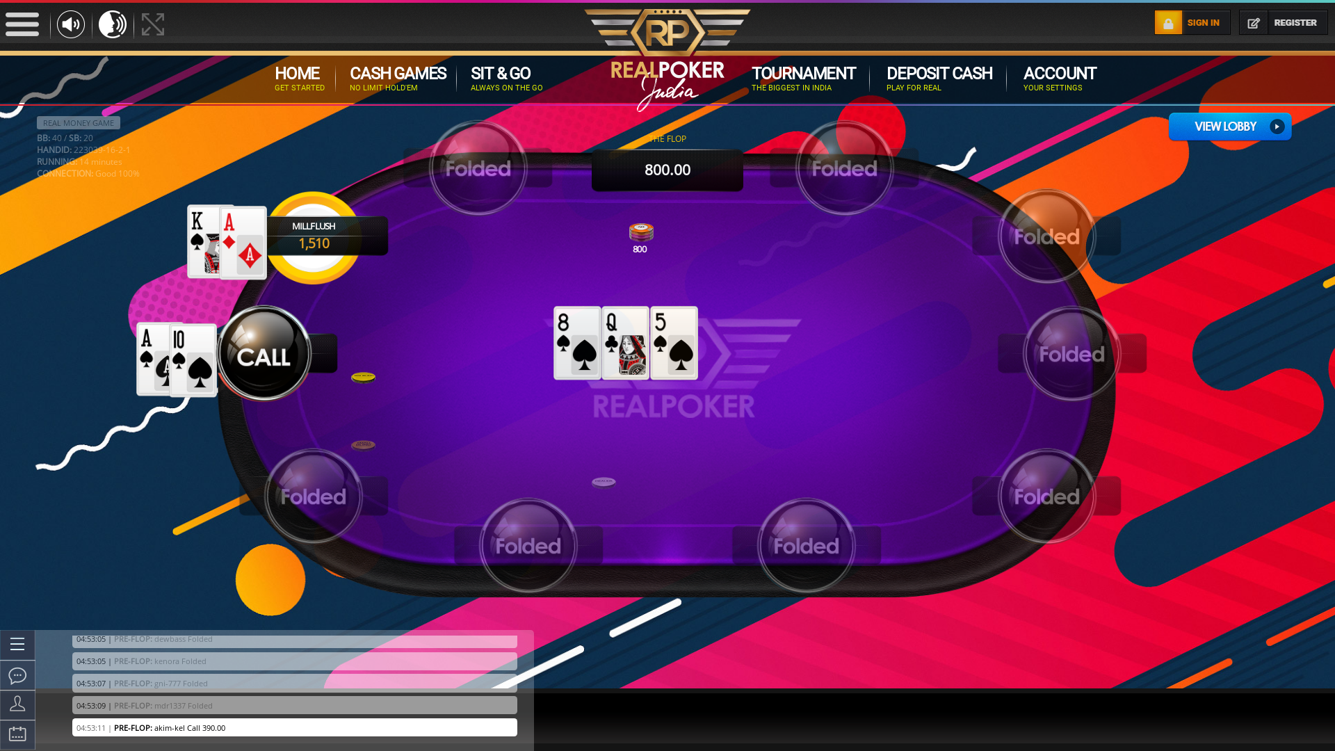10 player texas holdem table at real poker with the table id 223039