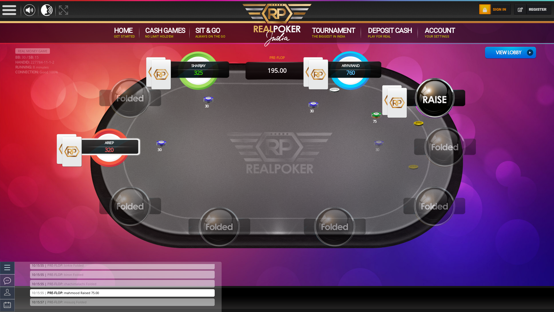 10 player texas holdem table at real poker with the table id 227784