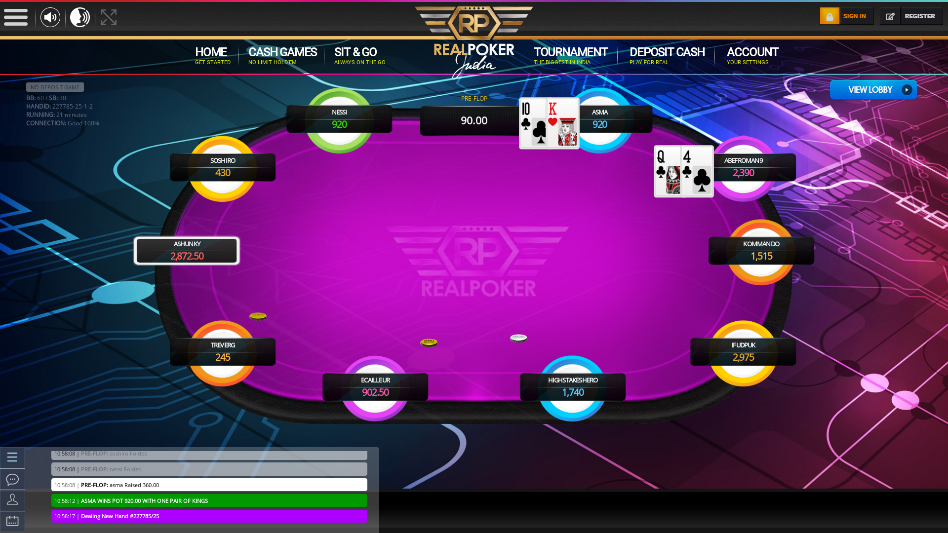 10 player texas holdem table at real poker with the table id 227785