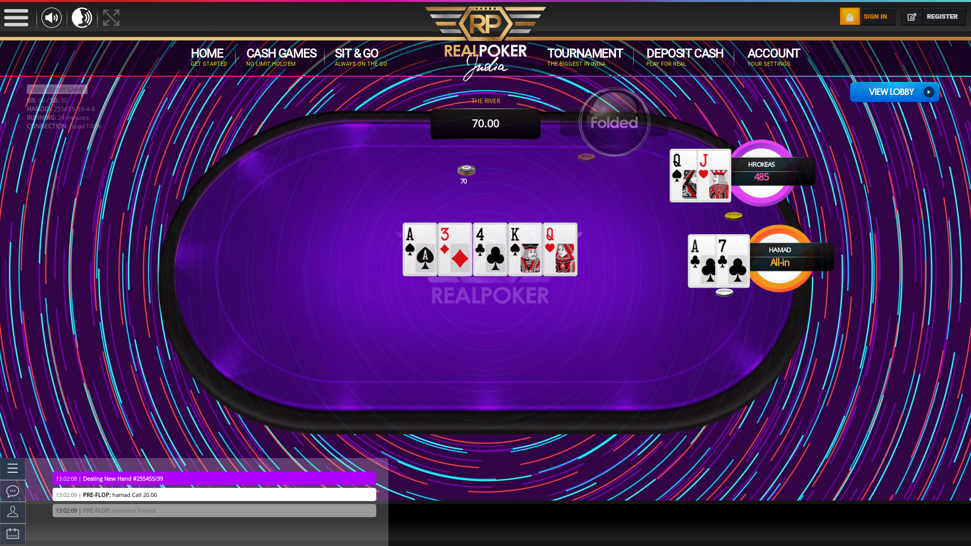 10 player texas holdem table at real poker with the table id 255455