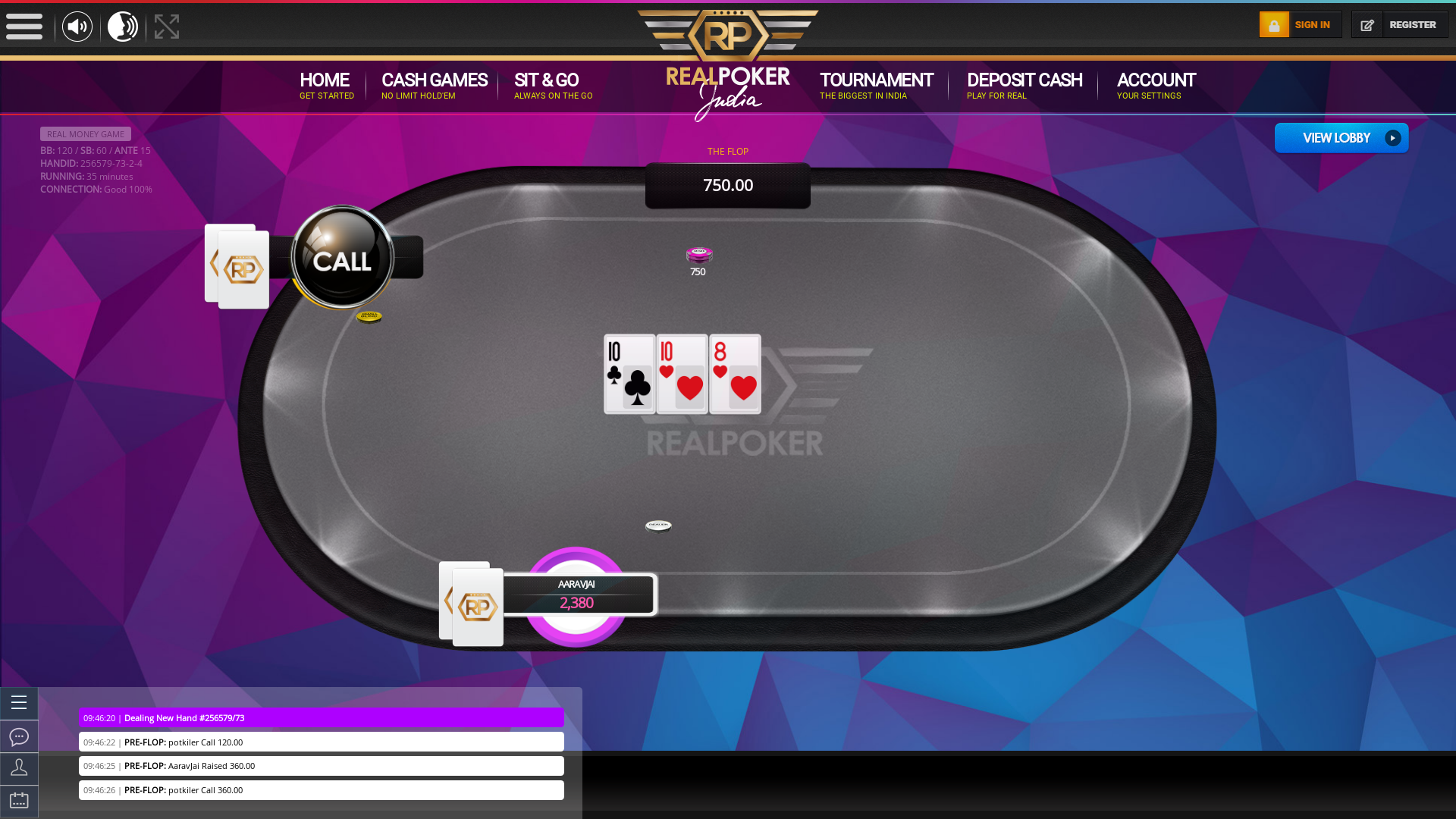 10 player texas holdem table at real poker with the table id 256579