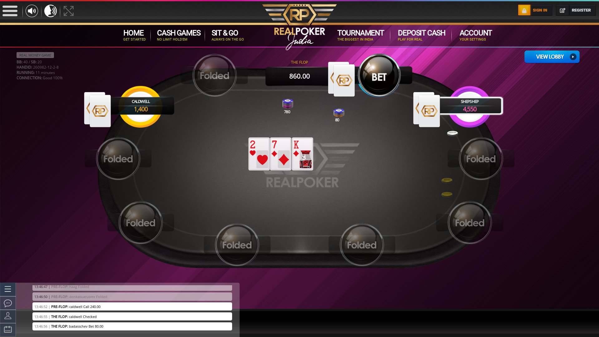 10 player texas holdem table at real poker with the table id 260982