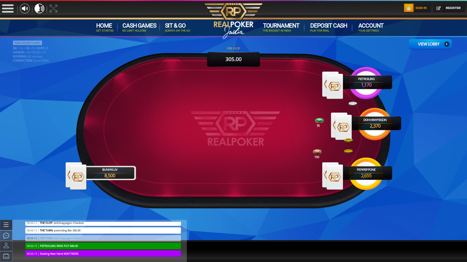 10 player texas holdem table at real poker with the table id 261743