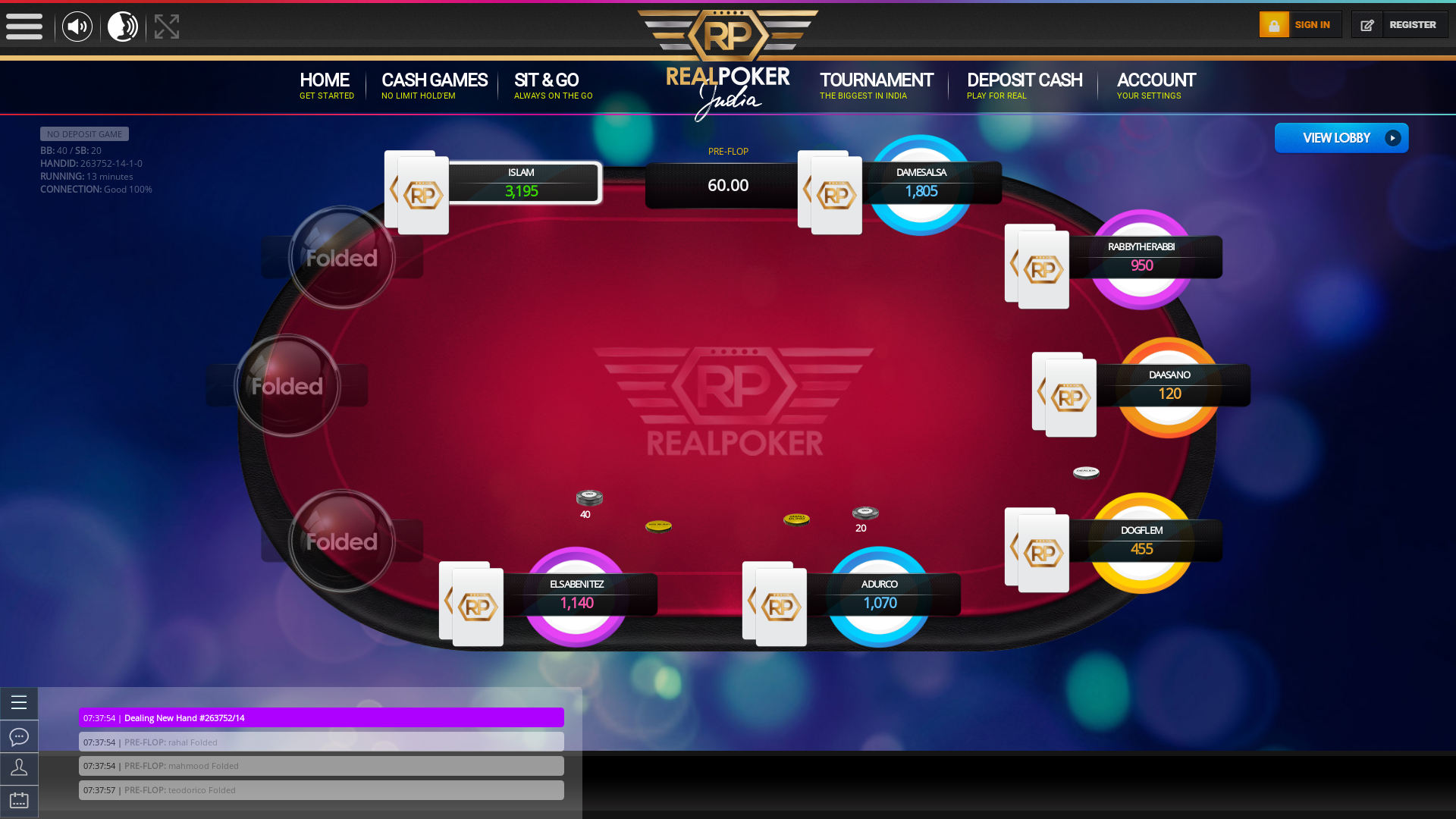 10 player texas holdem table at real poker with the table id 263752