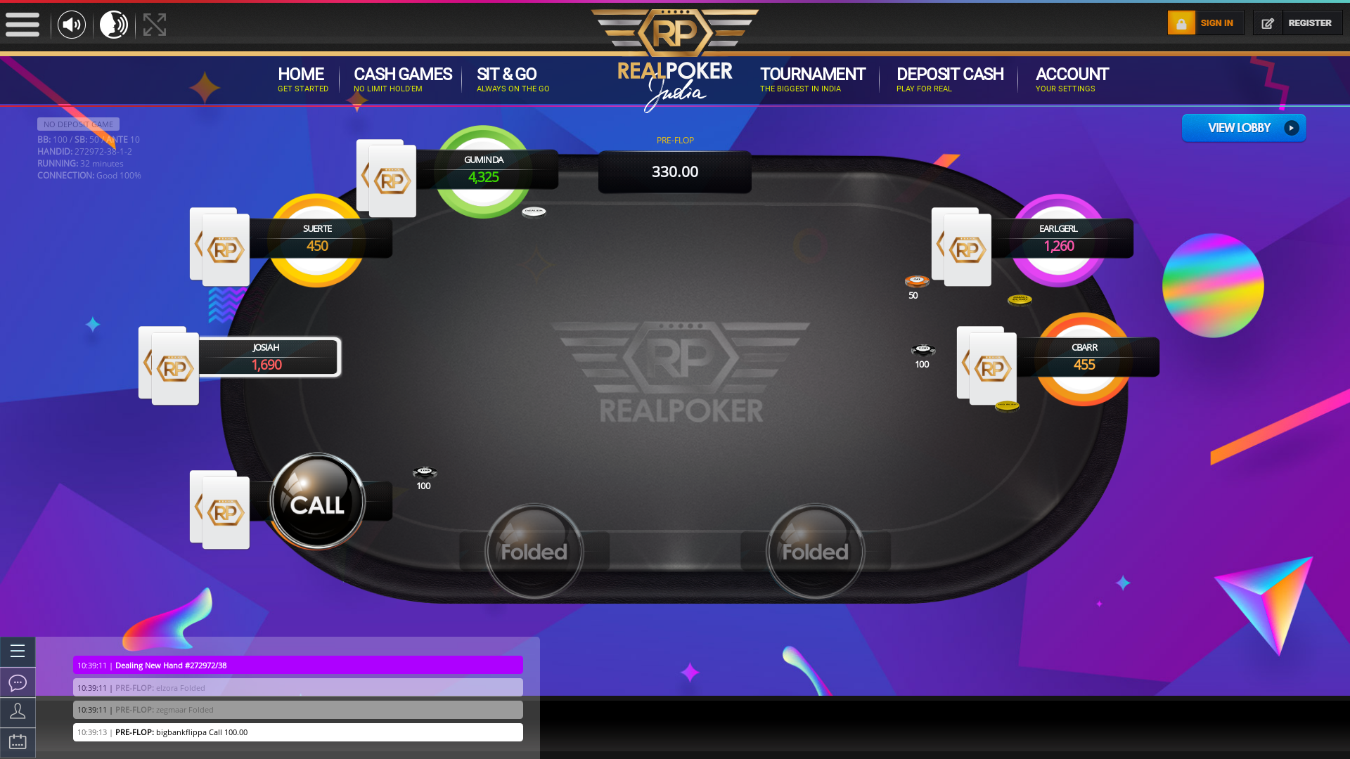 10 player texas holdem table at real poker with the table id 272972