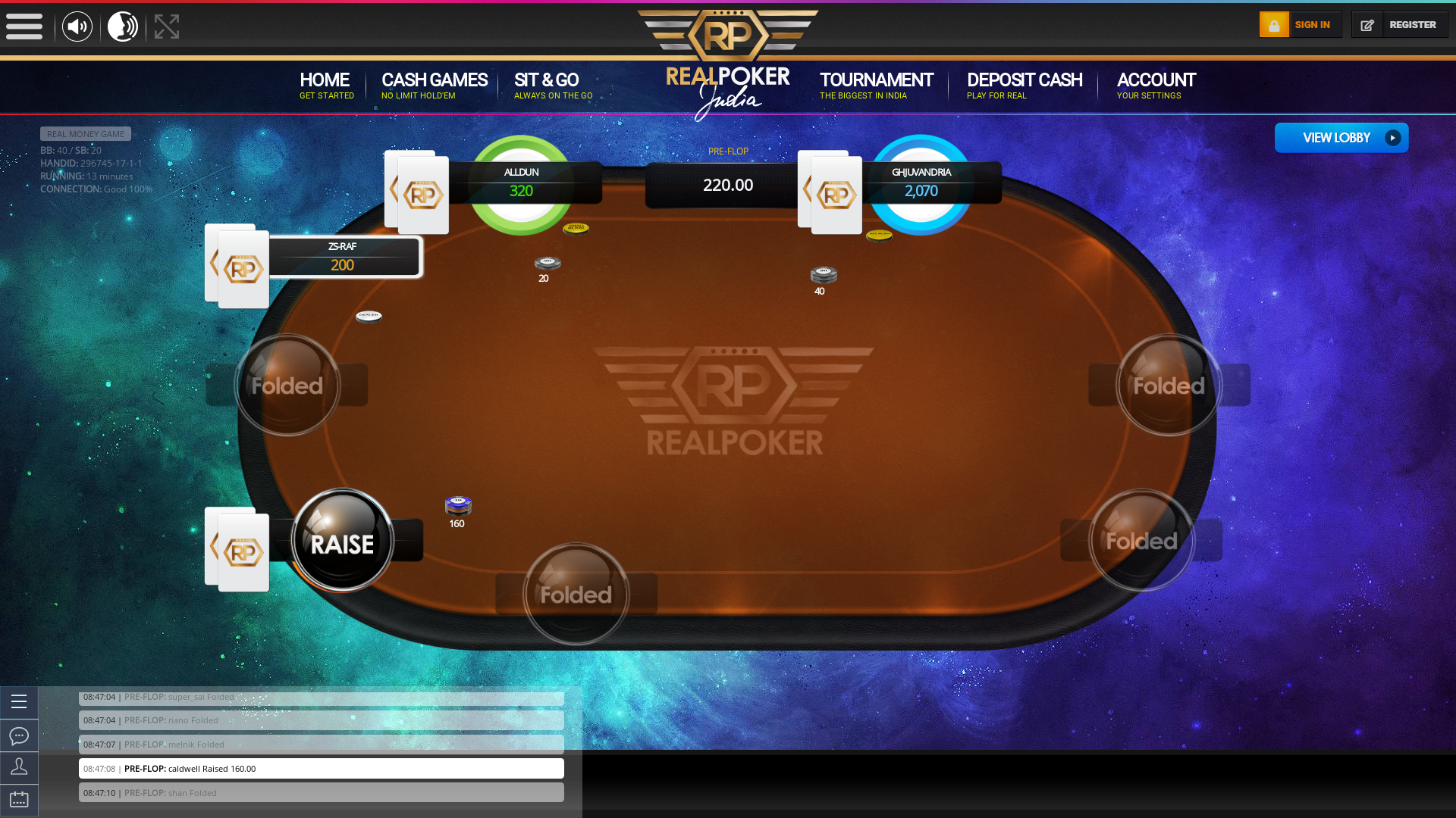 10 player texas holdem table at real poker with the table id 296745