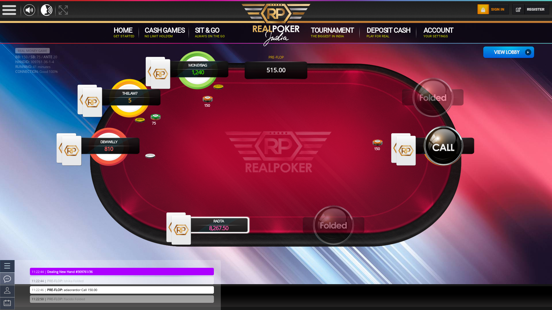 10 player texas holdem table at real poker with the table id 309761