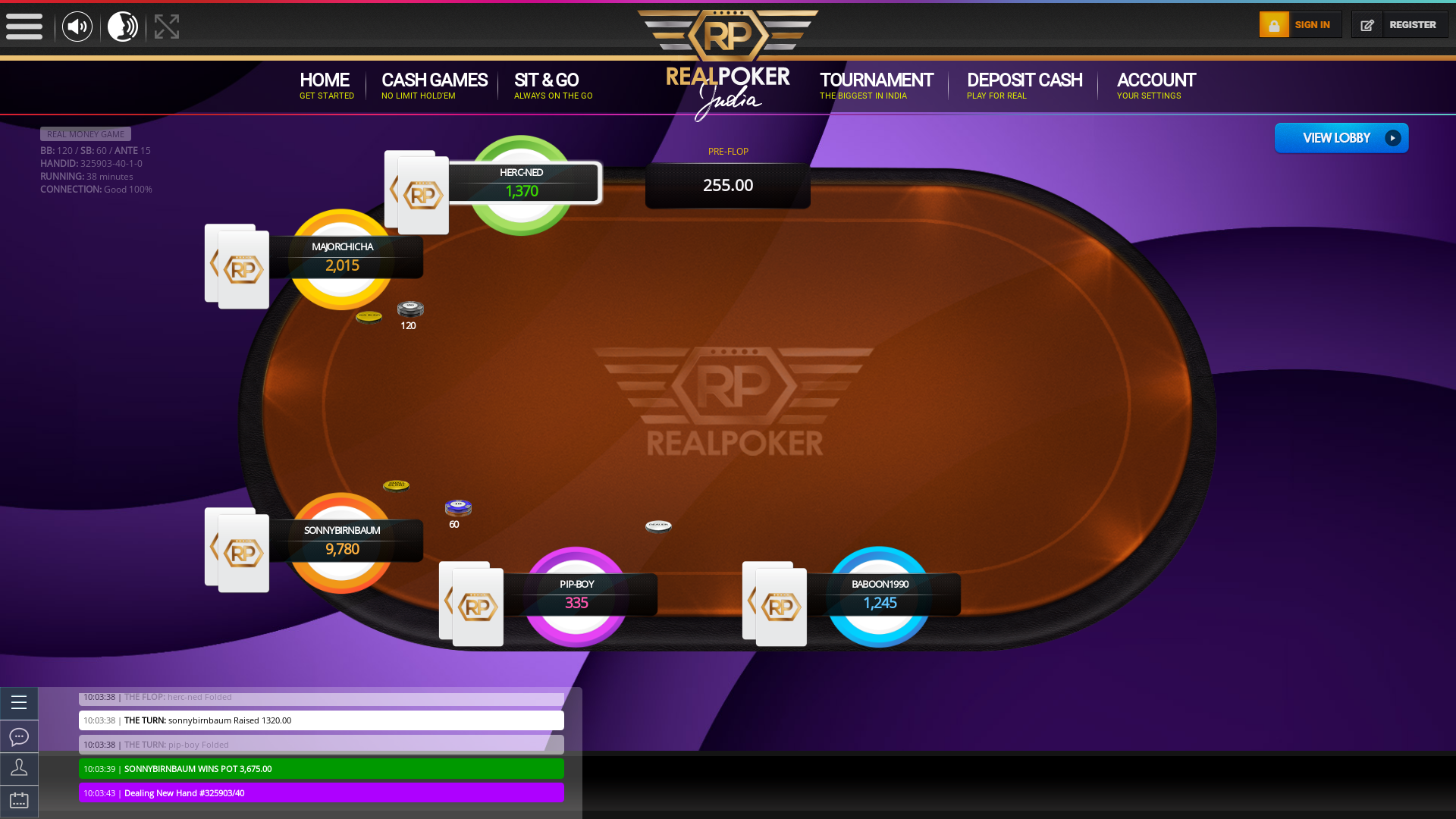 10 player texas holdem table at real poker with the table id 325903