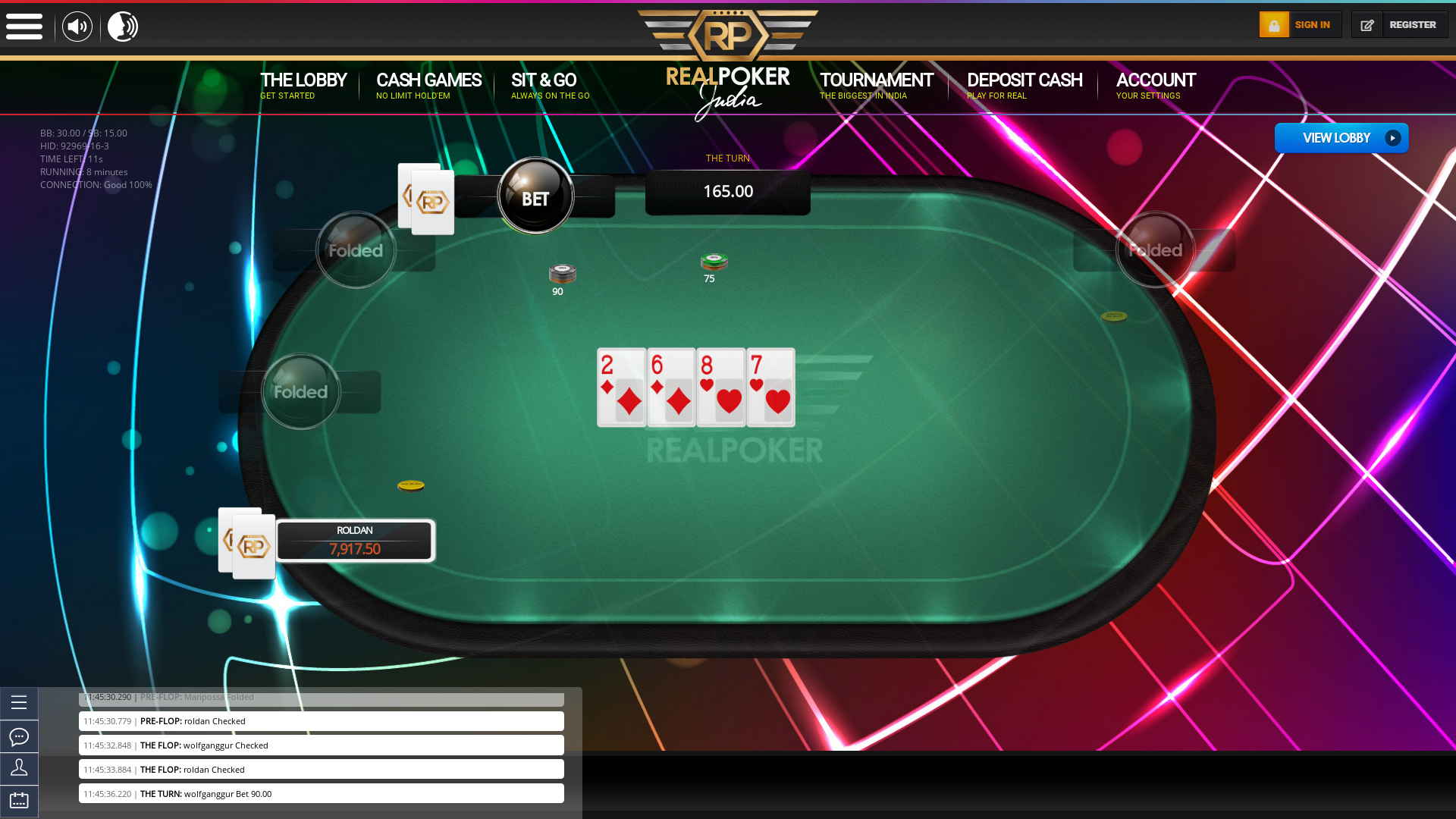 10 player texas holdem table at real poker with the table id 92969