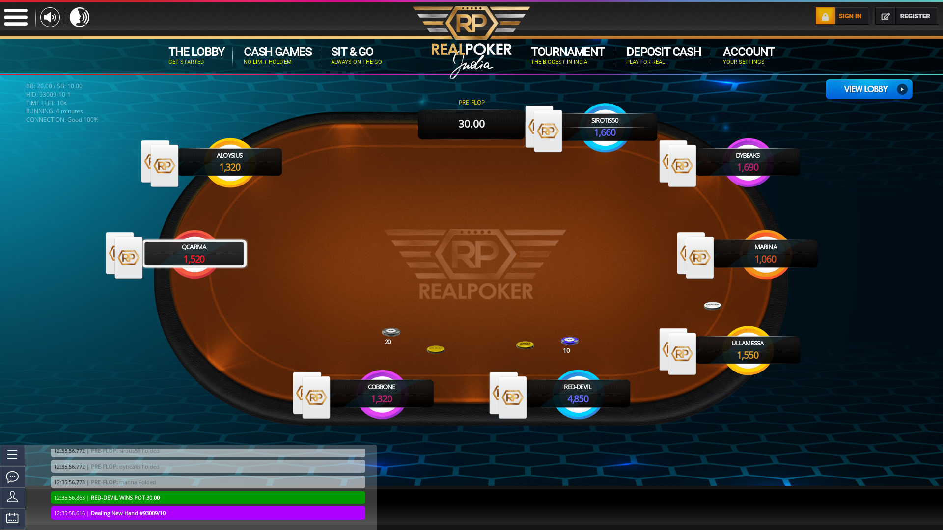 10 player texas holdem table at real poker with the table id 93009