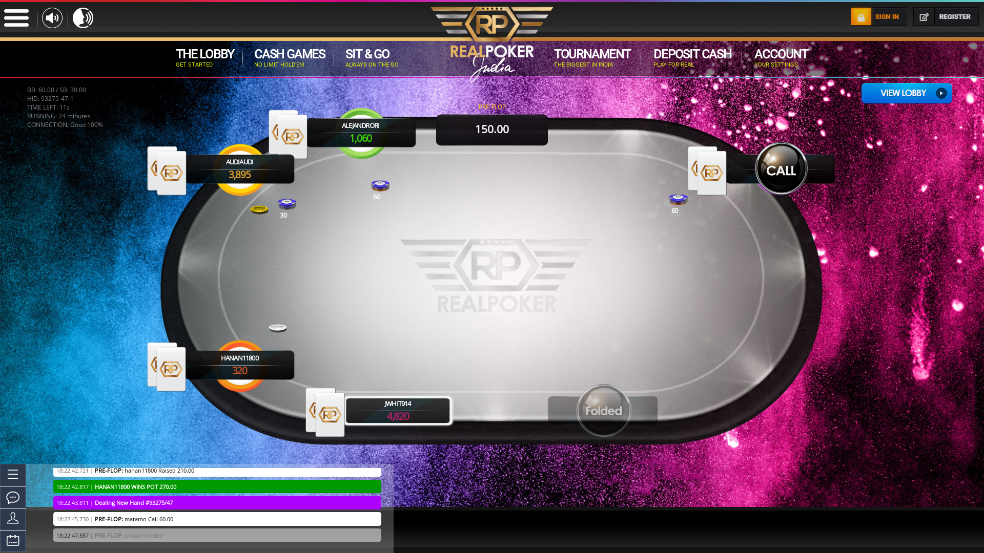 10 player texas holdem table at real poker with the table id 93275