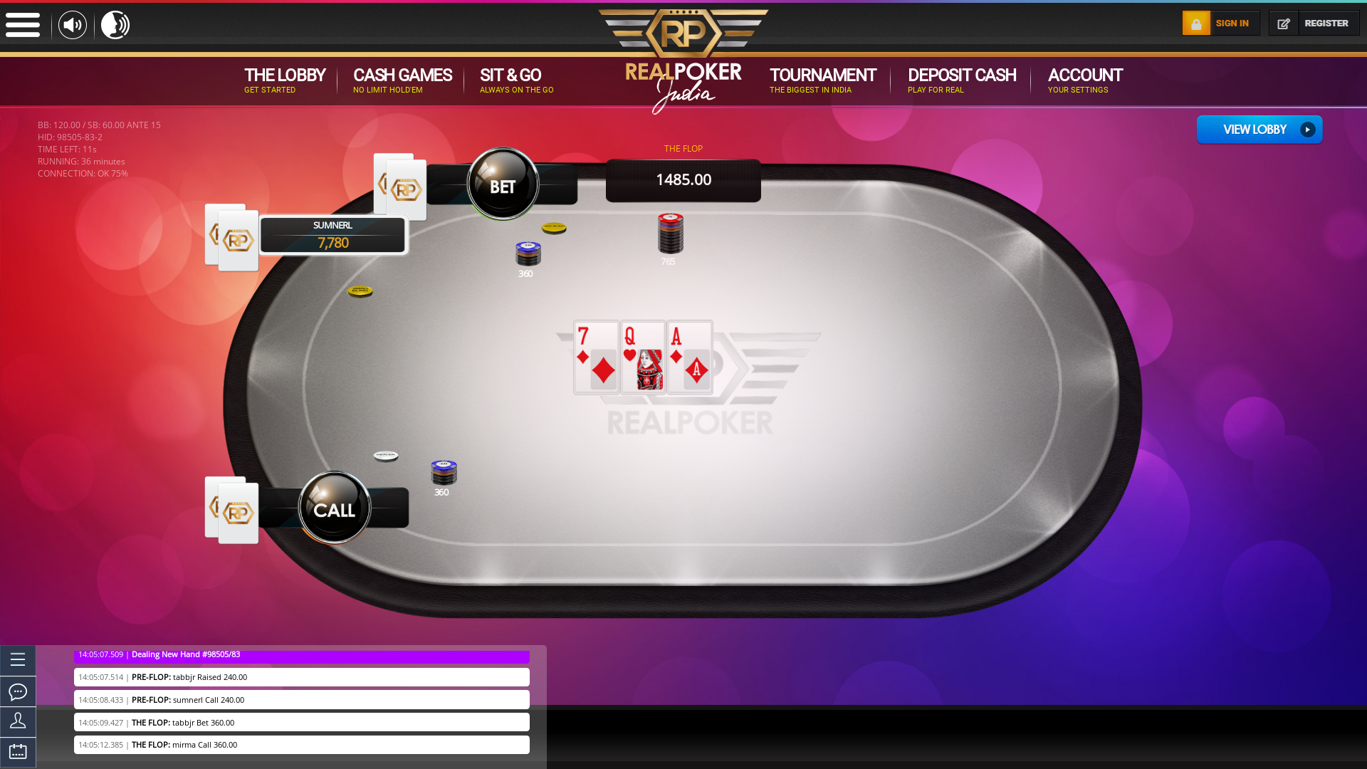 10 player texas holdem table at real poker with the table id 98505