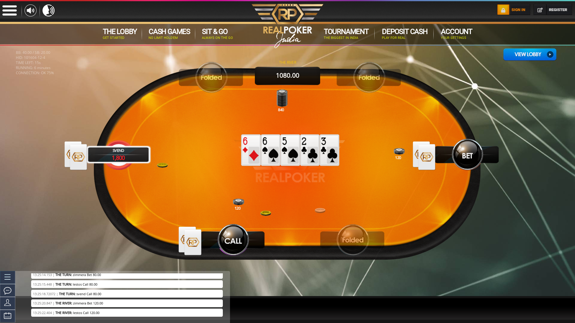 6 player texas holdem table at real poker with the table id 101604