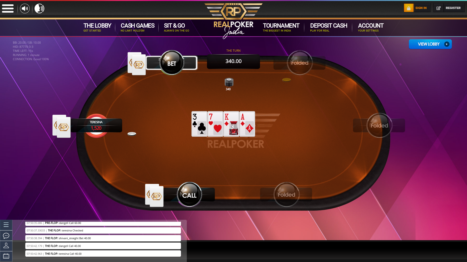 6 player texas holdem table at real poker with the table id 87770