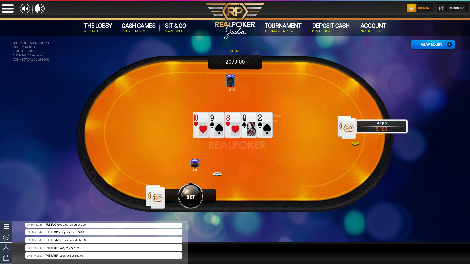 6 player texas holdem table at real poker with the table id 87944