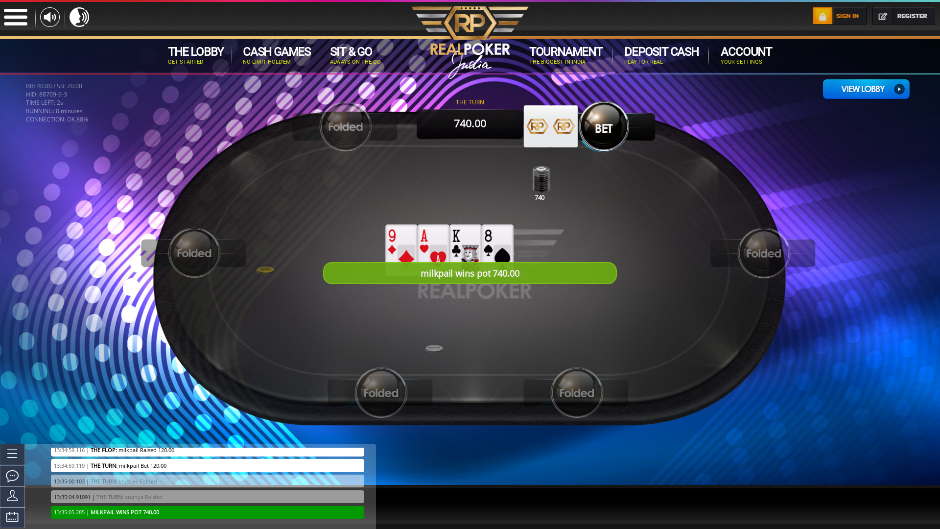 6 player texas holdem table at real poker with the table id 88709