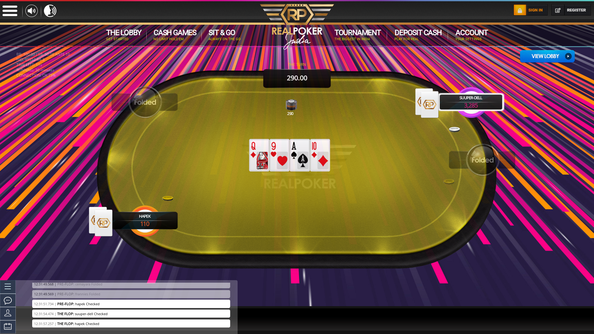Bangalore online poker game on a 10 player table in the 30th minute of the match