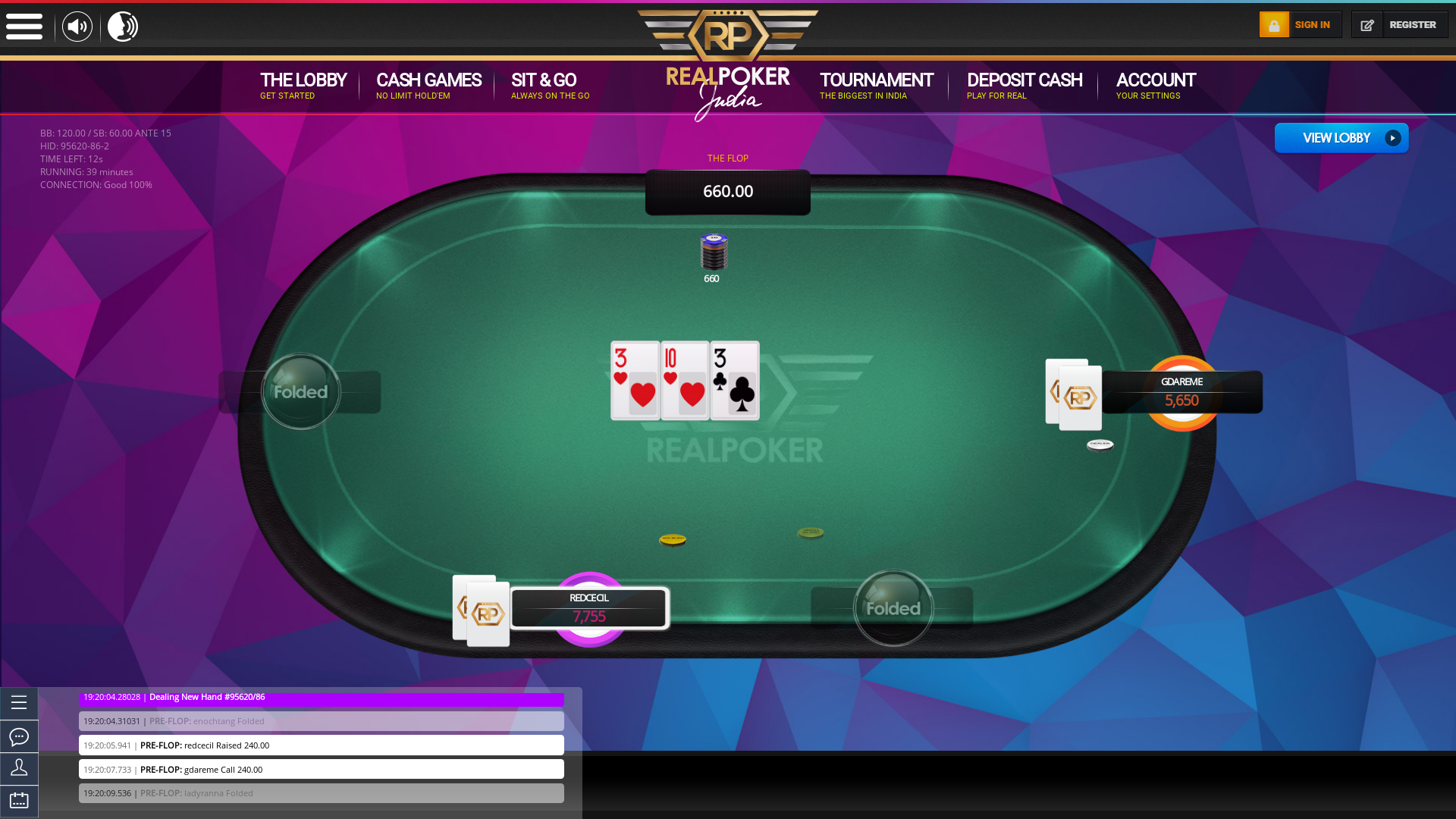 Bardez online poker game on a 10 player table in the 39th minute