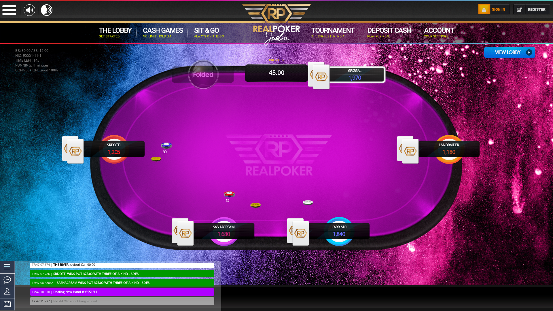 Bardez online poker game on a 6 player table in the 4th minute of the match