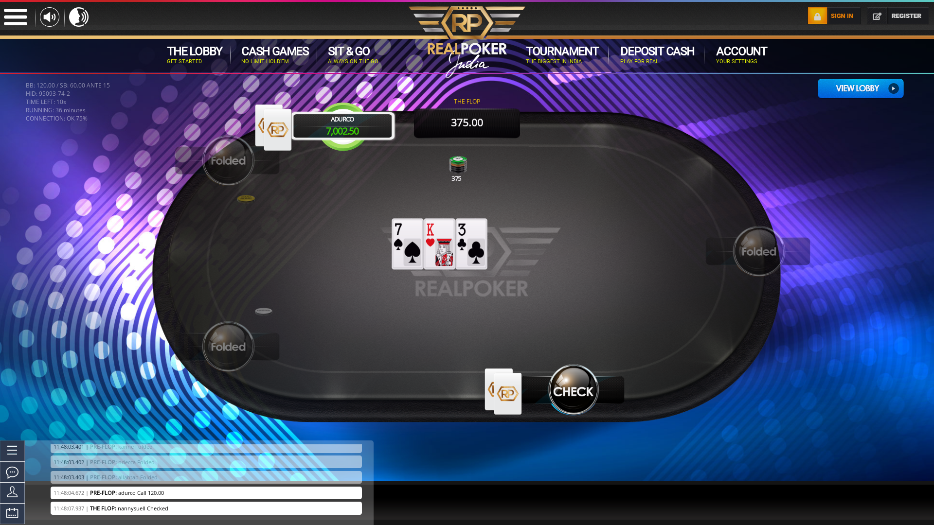 Bardez real poker on a 10 player table in the 36th minute of the game