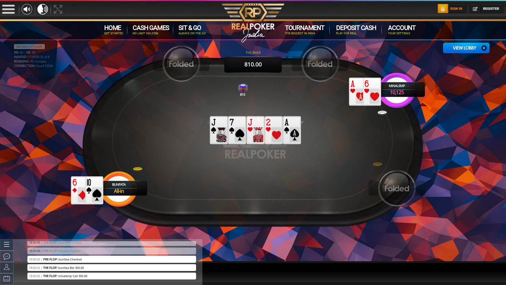 Boat Club Road, Pune online poker game on a 10 player table in the 30th minute of the game