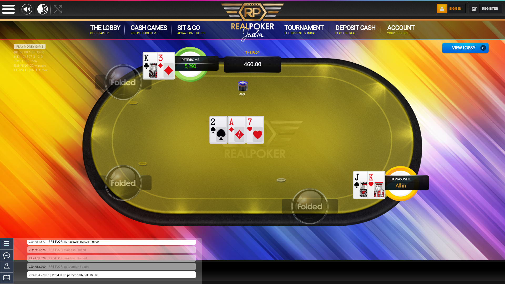 Colva online poker game on a 10 player table in the 2 game