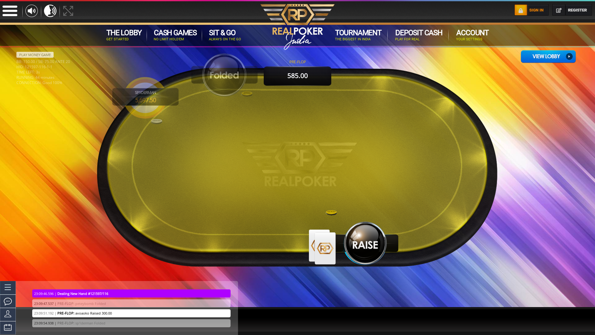 Colva poker table on a 10 player table in the 44th minute of the game