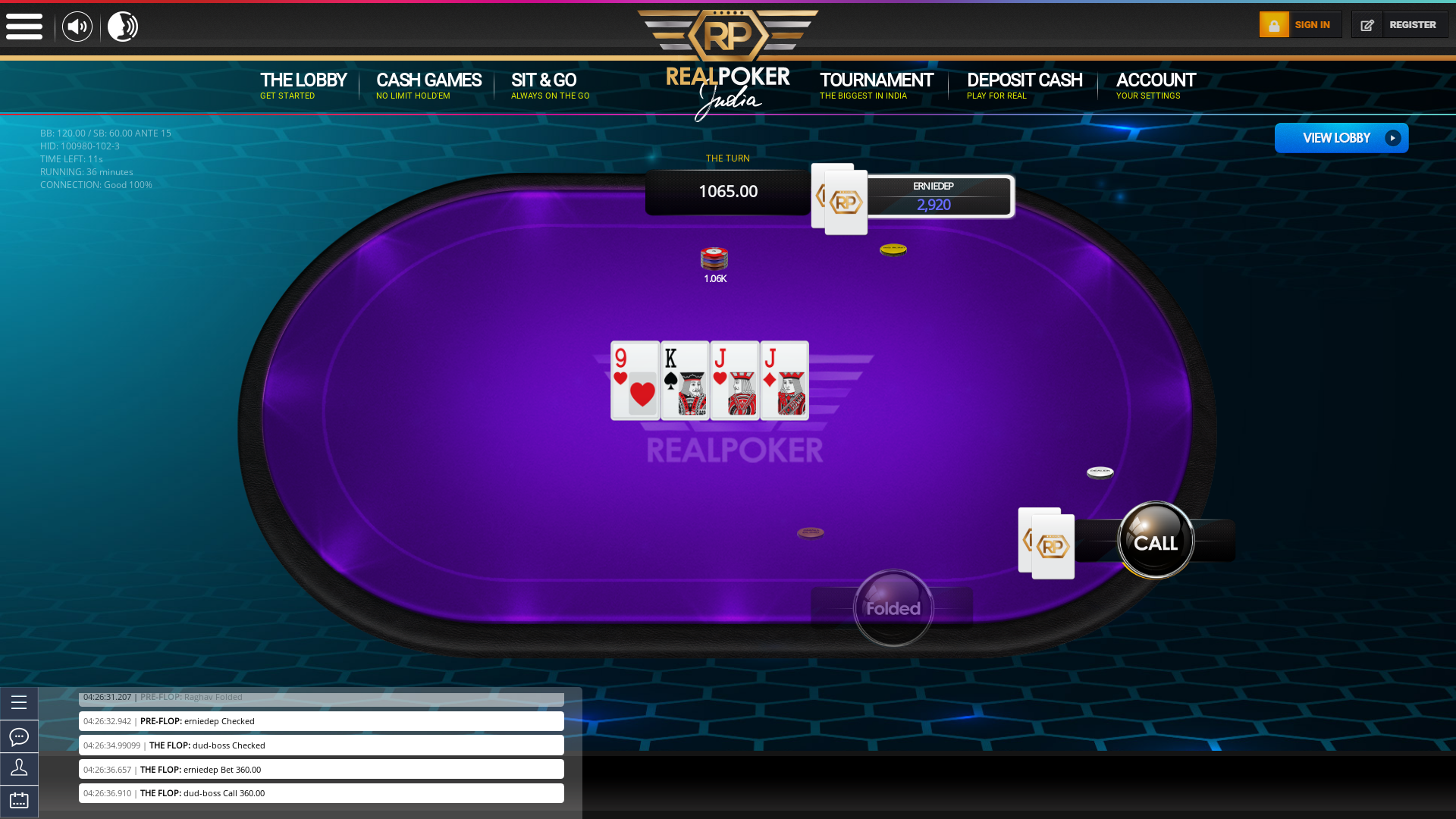 Delhi online poker game on a 10 player table in the 36th minute of the meeting