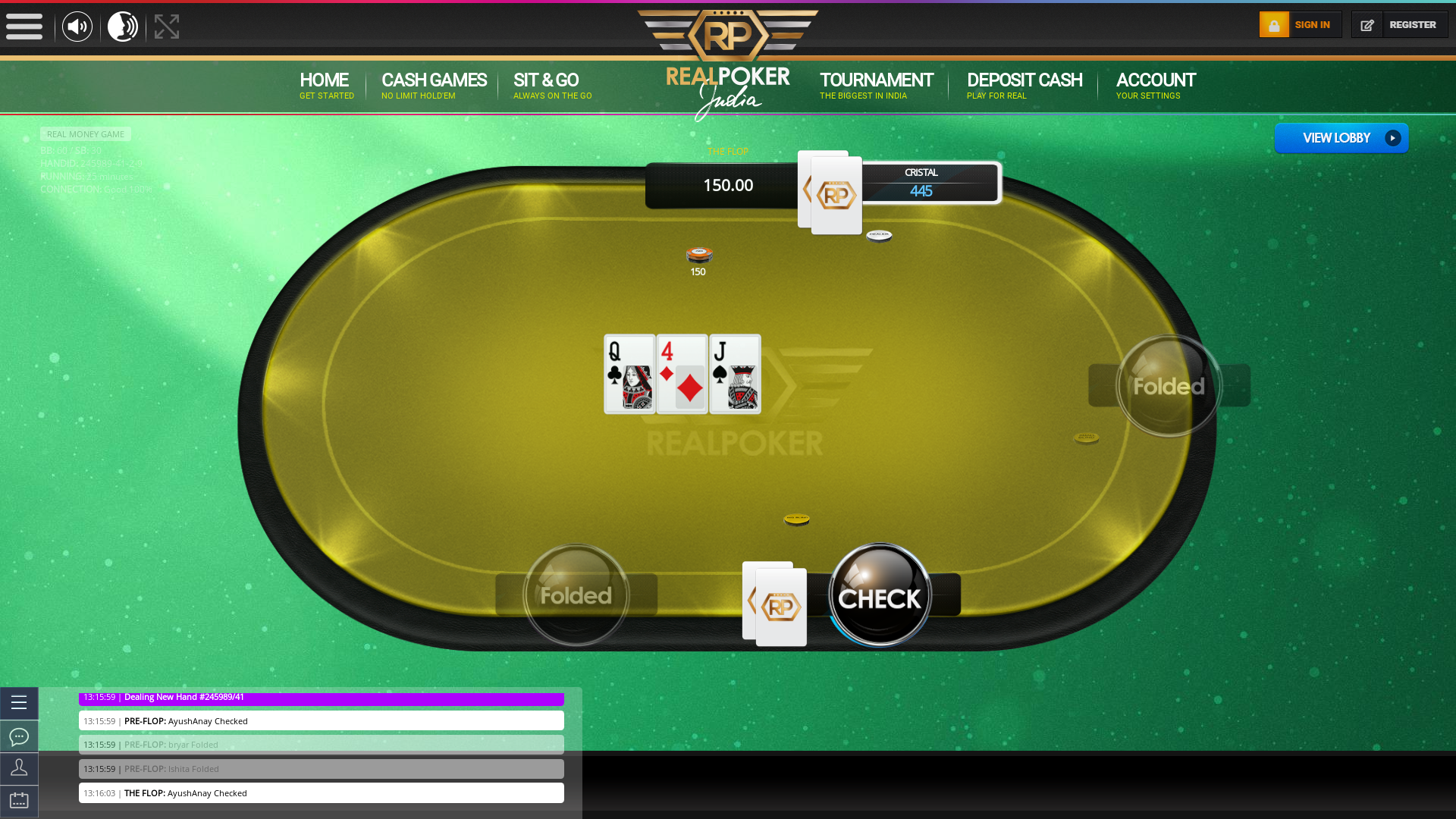 Dwarka, New Delhi online poker game on a 10 player table in the 25th minute