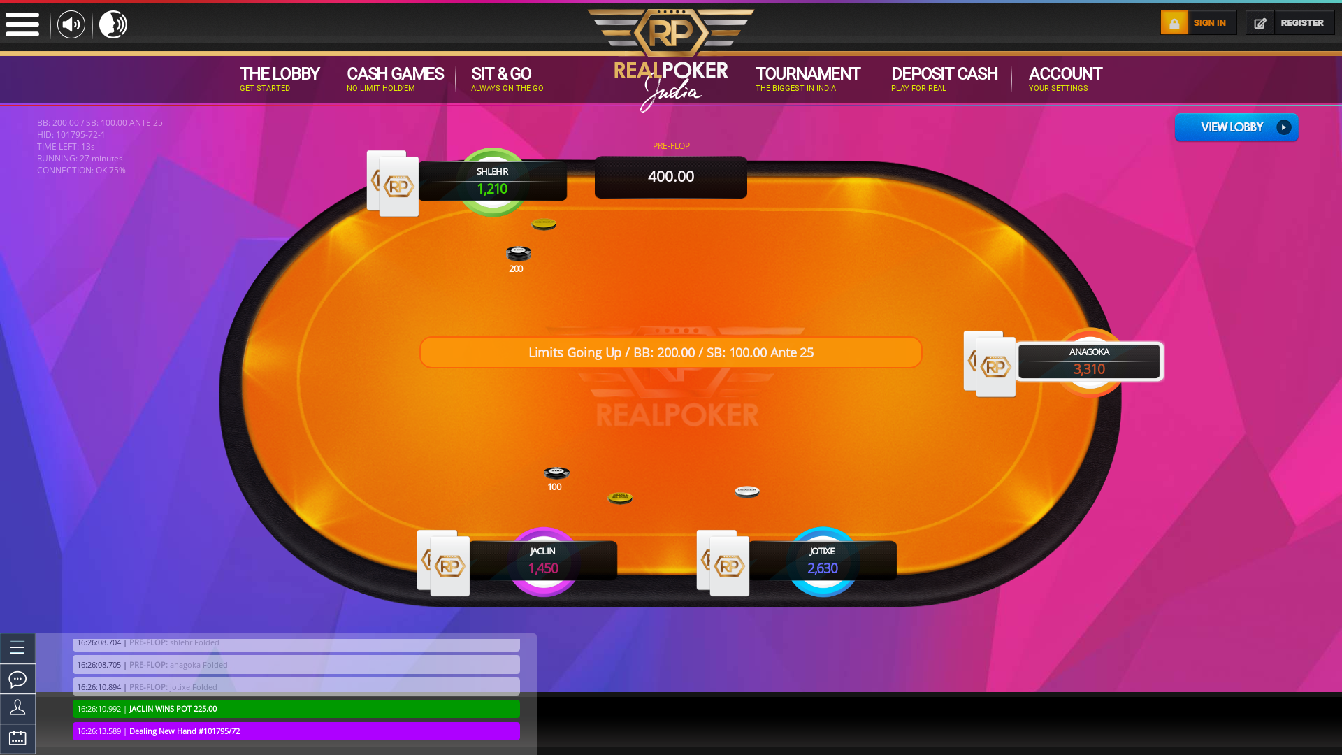 Goa online poker game on a 6 player table in the 26th minute of the match