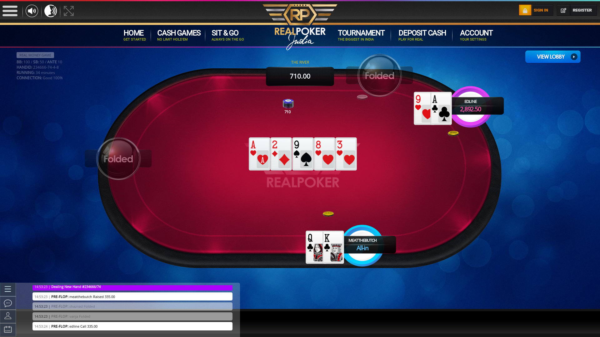 HSR Layout, Bangalore online poker game on a 10 player table in the 34th minute