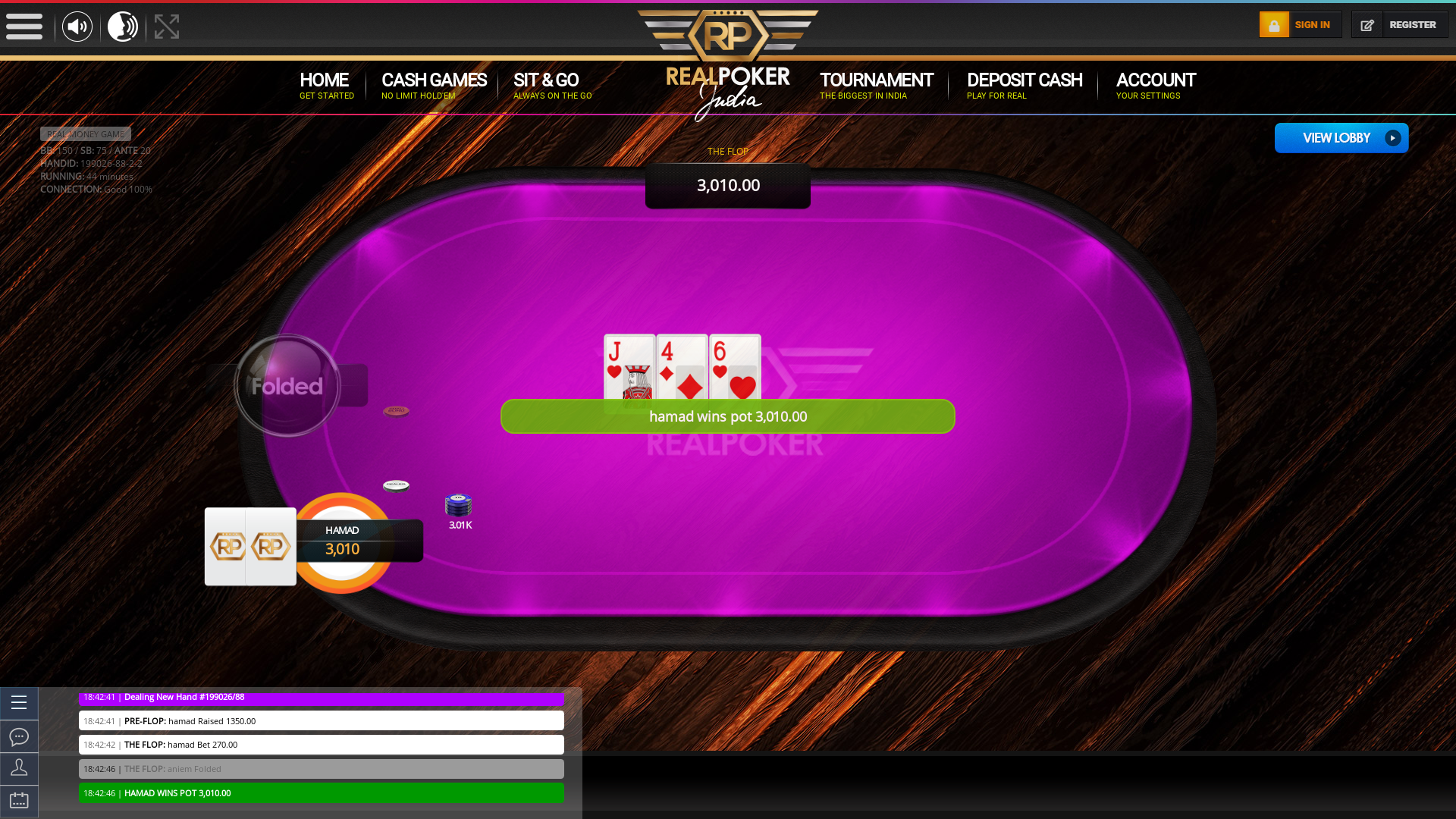HSR Layout, Bangalore real poker on a 10 player table in the 44th minute