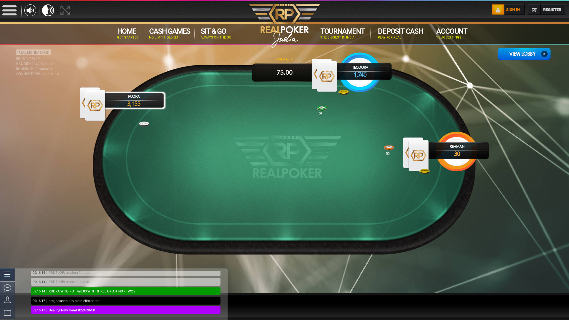 Indian online poker on a 10 player table in the 17th minute match up