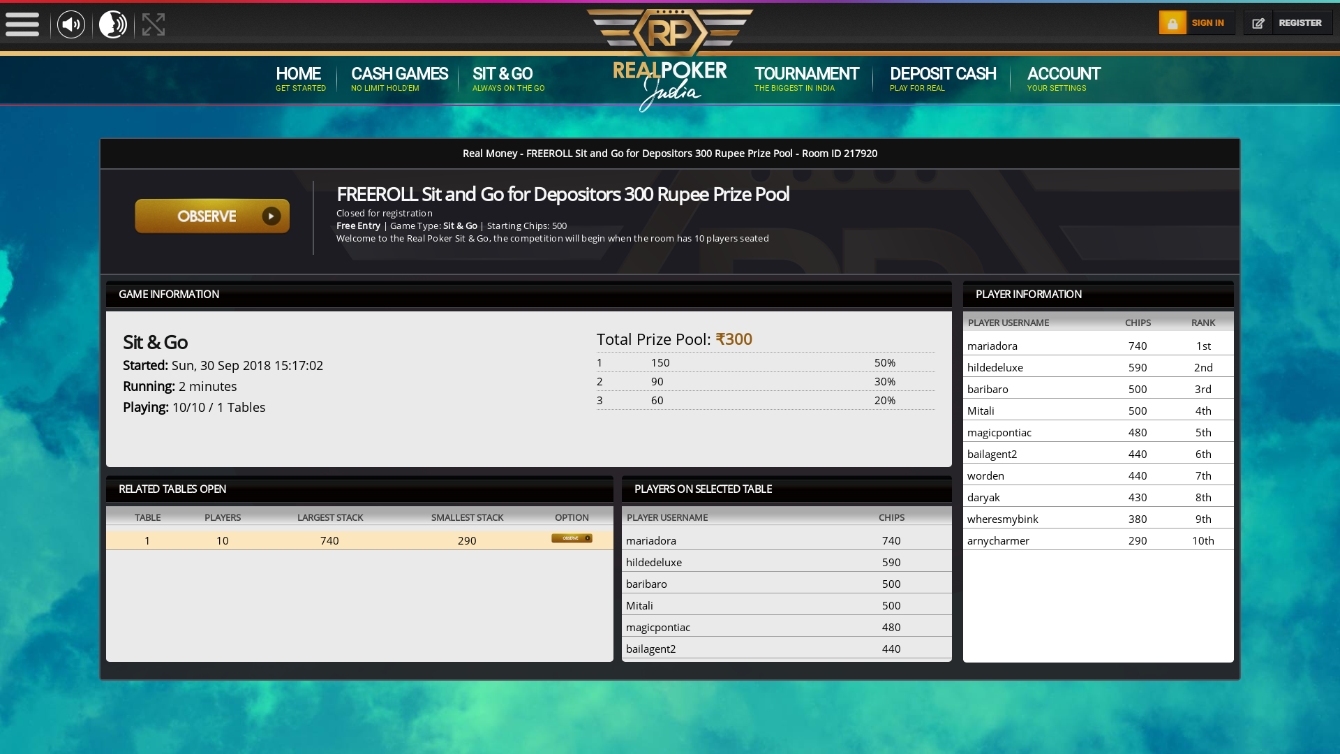 Indian online poker on a 10 player table in the 1st minute match up