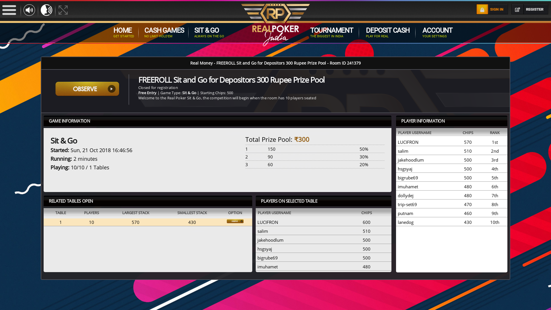 Indian online poker on a 10 player table in the 1st minute match up