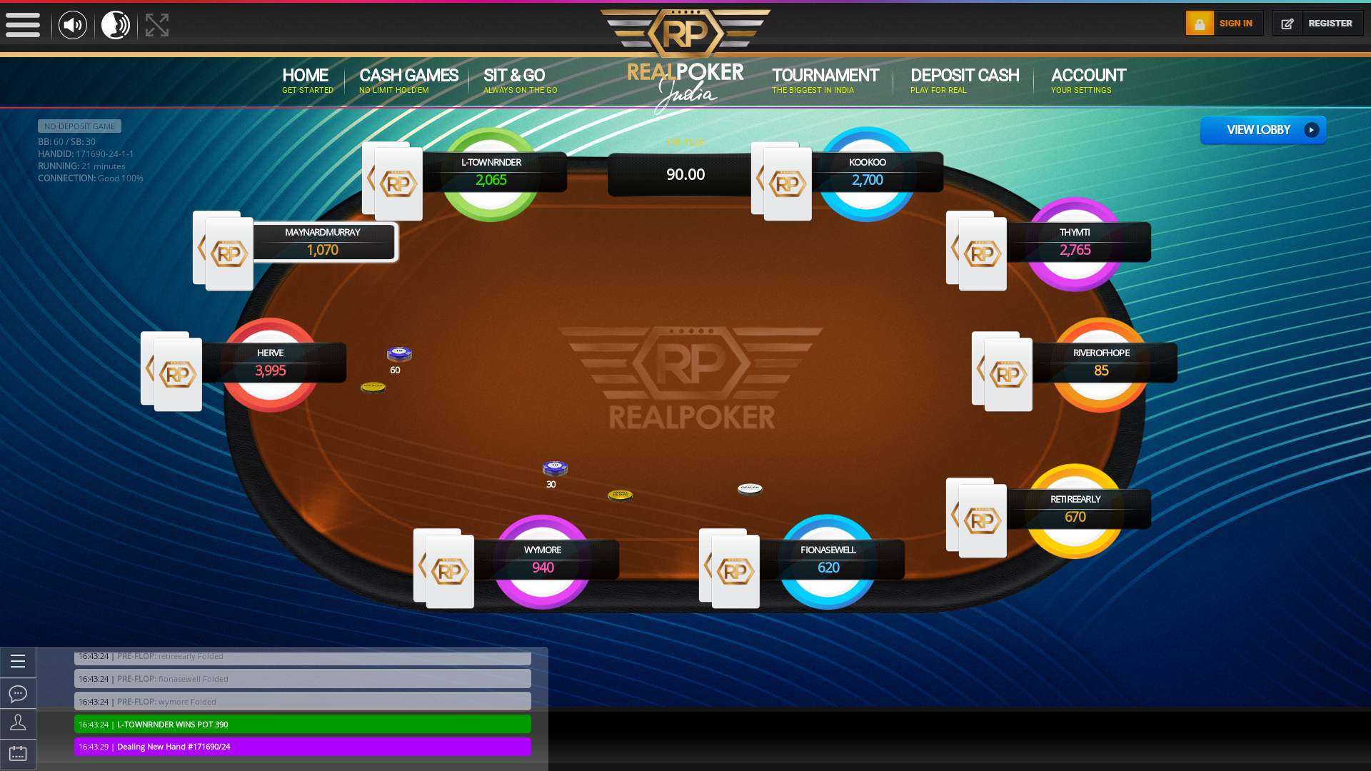 Indian online poker on a 10 player table in the 21st minute match up