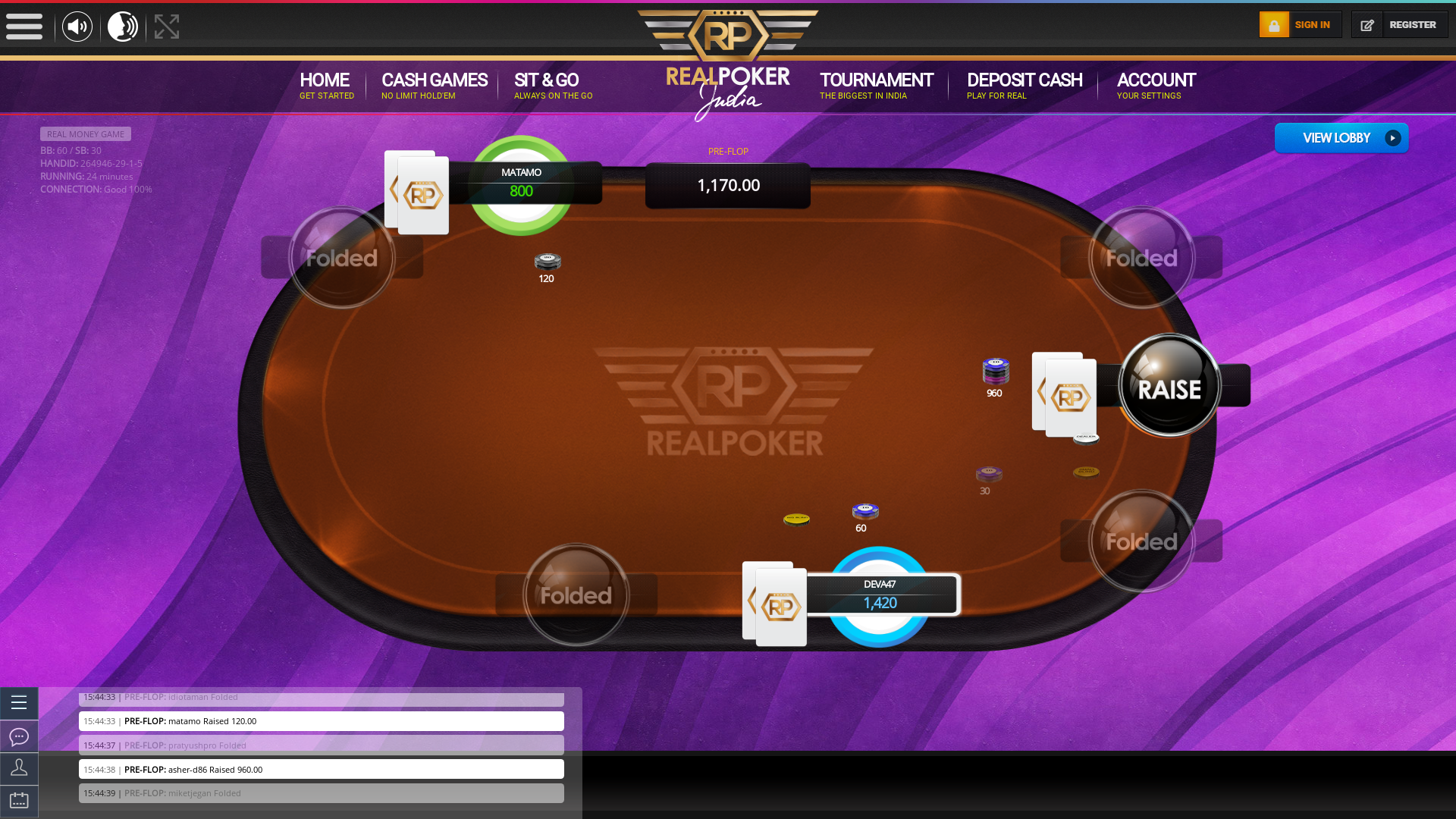 Indian online poker on a 10 player table in the 24th minute match up